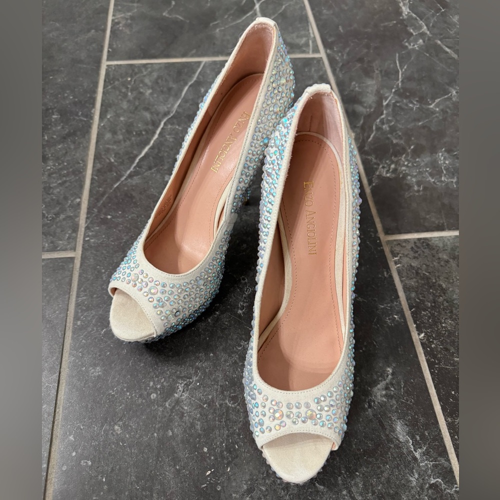 Enzo Angiolini Off-White Rhinestone Peep-Toe Heels